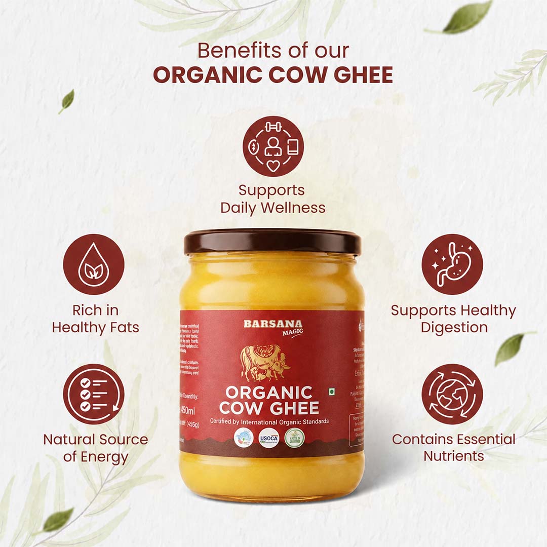 Barsana Magic and A jar of Barsana Organic Cow Ghee centered on a light textured background with decorative leaves and informational callouts about its benefits, including rich in healthy fats, supports daily wellness, supports healthy digestion, natural source of energy, and contains essential nutrients.