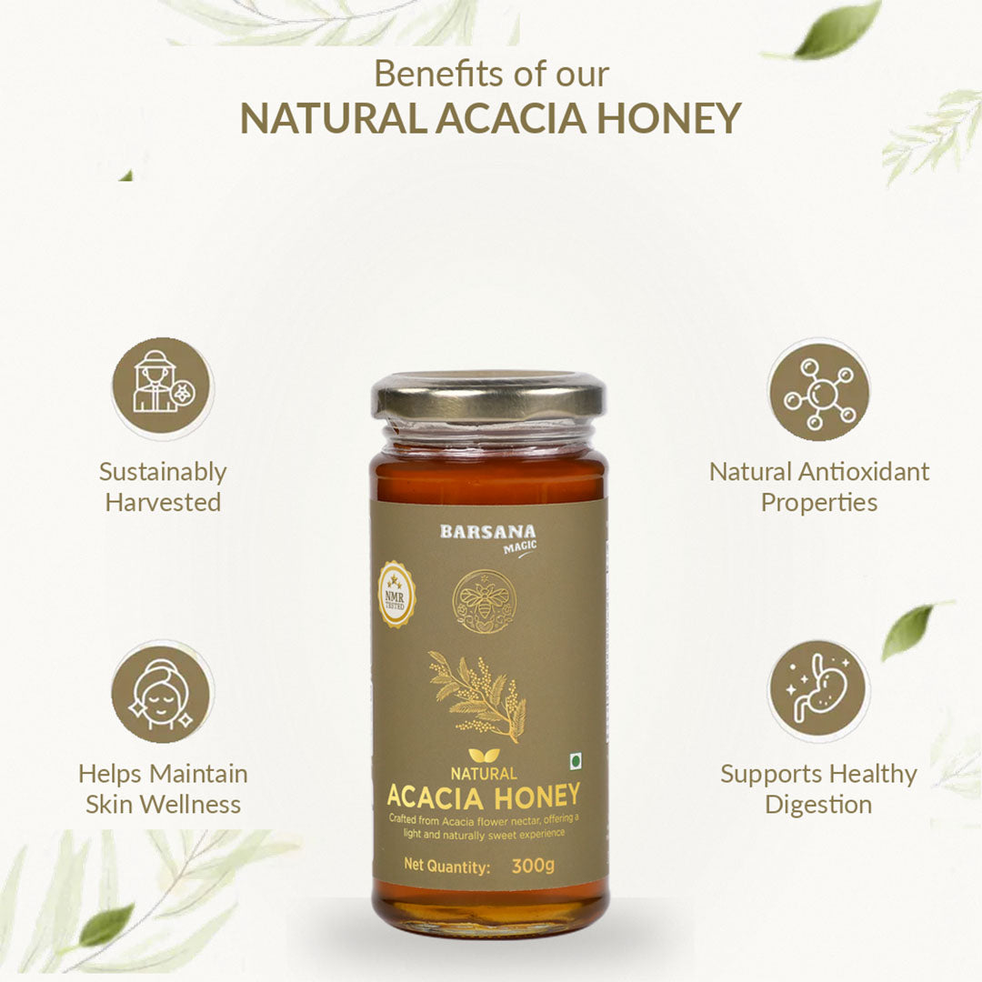 Barsana Magic and A 300g glass jar of Barsana Natural Acacia Honey centered on a light cream background with decorative leaves and text highlighting benefits such as sustainable harvesting, antioxidant properties, skin wellness, and digestive support.