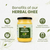 Barsana Magic and A jar of Maharashtradi Herbal Cow Ghee centered on a light textured background with decorative leaves and green text reading 'Benefits of our HERBAL GHEE.' Four circular icons around the jar highlight purported benefits: boosts immunity, better nutrient absorption, traditional wellness, and skin/hair health.