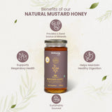 Barsana Magic and A jar of Barsana Natural Mustard Honey centered on a light cream background with decorative leaf illustrations and informational callouts about health benefits. The jar has a brown label with gold text and a silver metal lid.