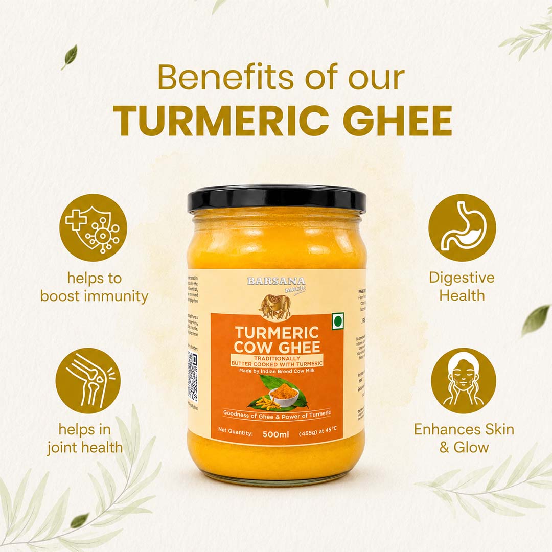 Barsana Magic and A jar of Turmeric Ghee centered on a light cream background with decorative leaves and text highlighting benefits: helps to boost immunity, digestive health, joint health, and skin glow. The label reads Turmeric Cow Ghee and shows the brand as Badrinath.