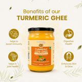 Barsana Magic and A jar of Turmeric Ghee centered on a light cream background with decorative leaves and text highlighting benefits: helps to boost immunity, digestive health, joint health, and skin glow. The label reads Turmeric Cow Ghee and shows the brand as Badrinath.