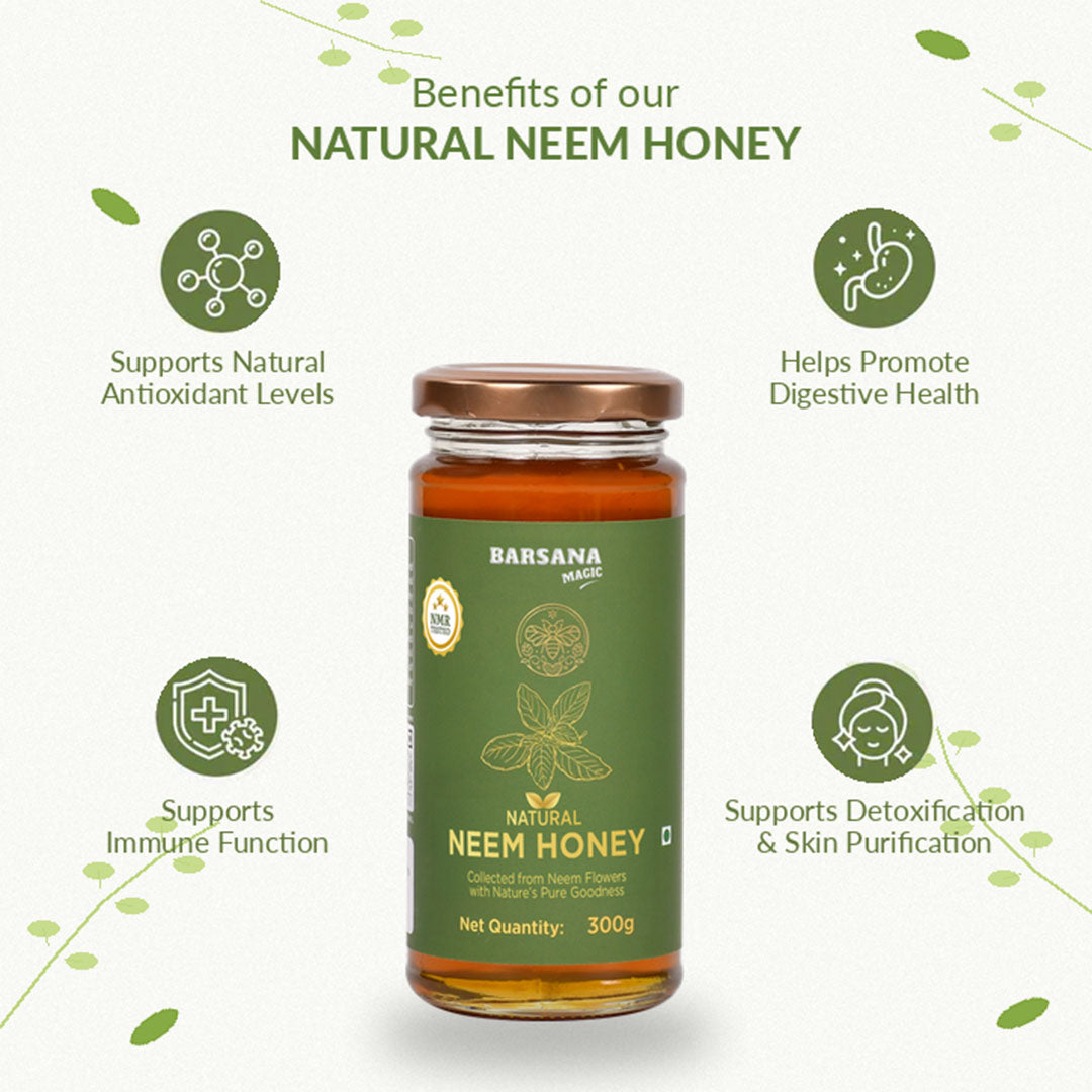 Barsana Magic and A 300g glass jar of Barsana Natural Neem Honey centered on a light cream background, surrounded by green decorative leaves and text highlighting health benefits: supports natural antioxidant levels, promotes digestive health, supports immune function, and supports detoxification and skin purification.