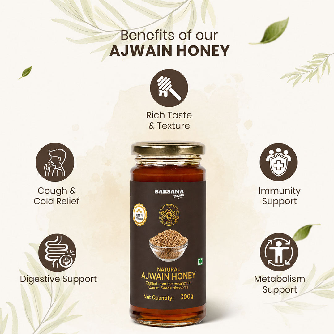 Barsana Magic and A 300g glass jar of Barsana Natural Ajwain Honey centered on a light cream background with decorative leaf illustrations and text highlighting benefits such as rich taste, cough and cold relief, immunity support, digestive support, and metabolism support.
