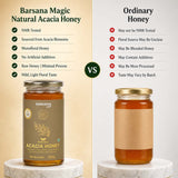 Barsana Magic and A comparison graphic for Barsana Magic Natural Acacia Honey versus Ordinary Honey. The left side shows a 300g jar of honey on a white marble pedestal against a beige background, with text listing benefits like NMR testing and natural sourcing.