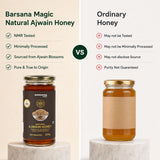 Barsana Magic and Promotional comparison graphic for Barsana Magic Natural Ajwain Honey versus ordinary honey. The left side shows a labeled jar of honey on a white pedestal with text highlighting NMR testing, minimal processing, authentic sourcing, and purity.