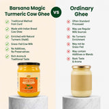 Barsana Magic and A comparison infographic for Barsana Magic Turmeric Cow Ghee versus Ordinary Ghee. The left side shows a jar of golden-yellow Barsana ghee on a white marble pedestal with green checkmarks listing its traditional qualities.