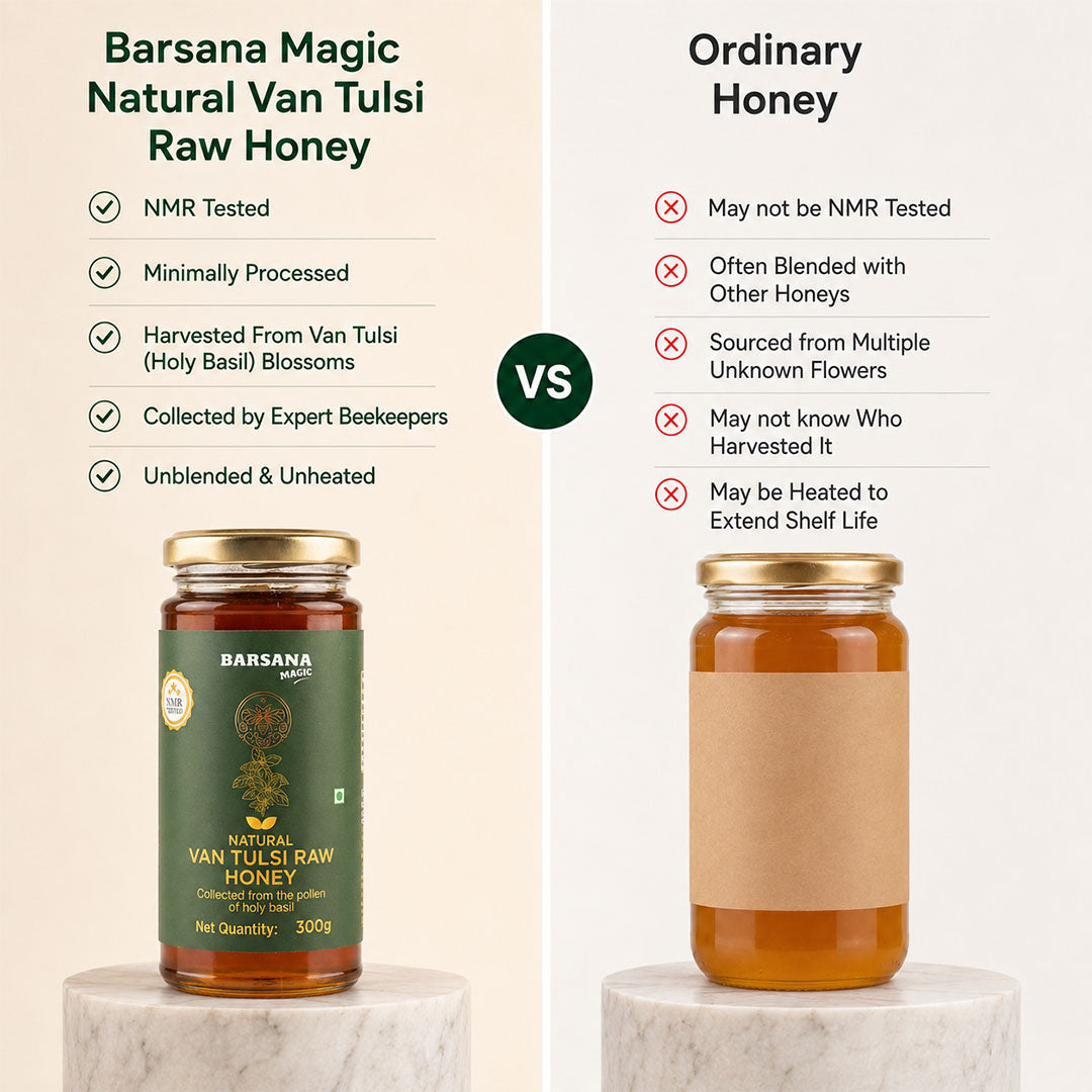 Barsana Magic and A comparison graphic for Barsana Magic Natural Van Tulsi Raw Honey versus Ordinary Honey. The left side shows the Barsana jar with a dark green label and text checklist, while the right side shows a generic honey jar with a blank beige label and red 'X' marks for ordinary qualities.