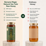 Barsana Magic and A comparison graphic for Barsana Magic Natural Van Tulsi Raw Honey versus Ordinary Honey. The left side shows the Barsana jar with a dark green label and text checklist, while the right side shows a generic honey jar with a blank beige label and red 'X' marks for ordinary qualities.
