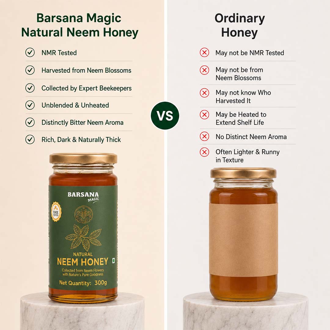 Barsana Magic and A comparison graphic showing two jars of Barsana Magic Natural Neem Honey on white marble pedestals, with a split background. The left side, labeled 'Barsana Magic Natural Neem Honey', features a dark green label and a gold lid, while the right side, labeled 'Ordinary Honey', shows a plain beige wrapper on a clear jar with a gold lid.
