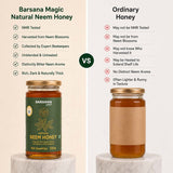 Barsana Magic and A comparison graphic showing two jars of Barsana Magic Natural Neem Honey on white marble pedestals, with a split background. The left side, labeled 'Barsana Magic Natural Neem Honey', features a dark green label and a gold lid, while the right side, labeled 'Ordinary Honey', shows a plain beige wrapper on a clear jar with a gold lid.