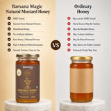 Barsana Magic and A comparison graphic for Barsana Magic Natural Mustard Honey versus Ordinary Honey. The left side shows a 300g jar of Barsana Magic honey on a white marble pedestal against a beige background, listing its benefits like NMR testing and natural sourcing.