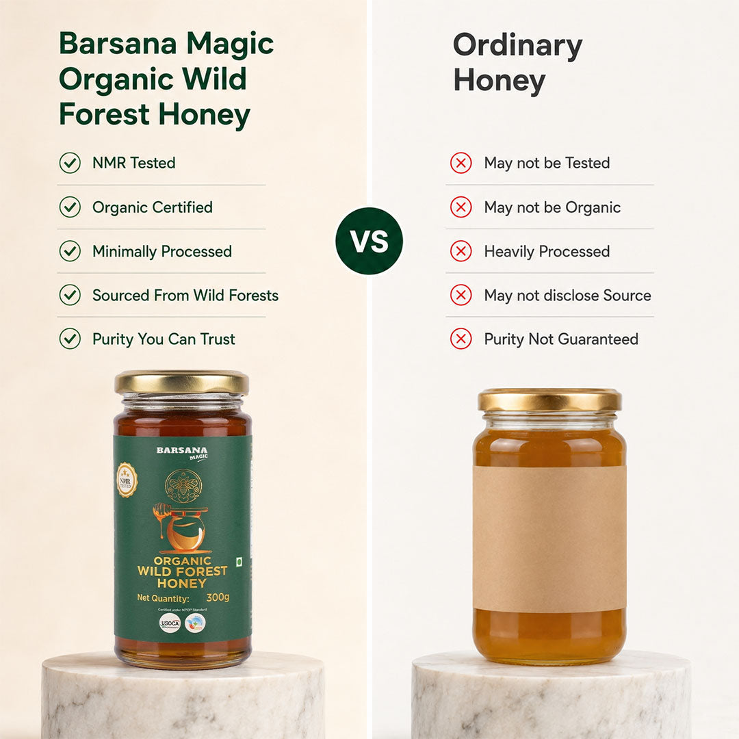 Barsana Magic and A promotional comparison graphic for Barsana Magic Organic Wild Forest Honey versus Ordinary Honey. The left side shows a glass jar of honey with a dark green label and gold lid on a white marble pedestal, with text listing benefits like NMR testing and organic certification.