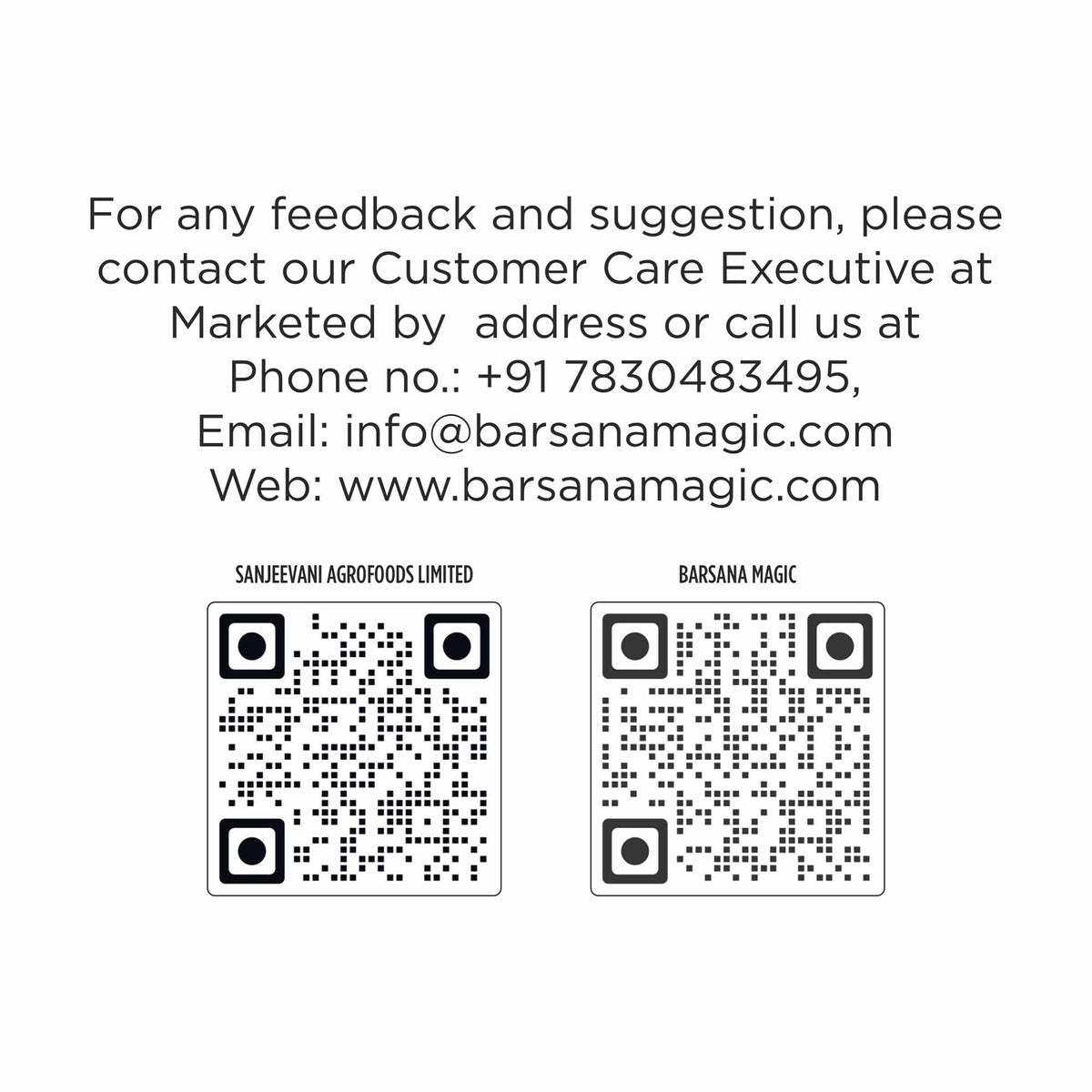 Barsana Magic and Contact information for Customer Care Executive with two QR codes on a white background