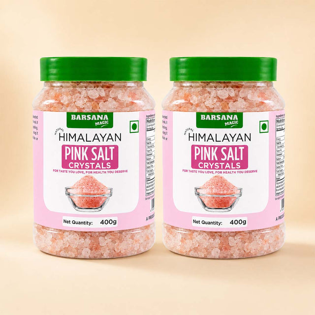Barsana Magic and Two jars of Barsana Magic Himalayan Pink Salt Crystals, 400g each, displayed side-by-side on a light beige background.