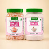 Barsana Magic and  Two jars of Barsana Himalayan Pink Salt, one showing the pink salt crystals inside and the other showing the white salt powder, set against a solid beige background.