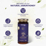Barsana Magic and A jar of Natural Jamun Honey centered on a light off-white background with decorative leaves and six circular benefit callouts around it. The jar has a dark purple label with gold and white text, a gold metal lid, and an amber-brown honey visible at the top and bottom of the bottle.