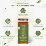 Barsana Magic and A jar of Natural Neem Honey centered on a light textured background with green decorative leaves and six circular benefit callouts around it. The jar has a dark green label with white text and a copper-brown lid.