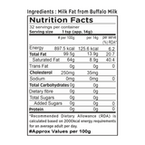 Barsana Magic and Nutrition facts label for milk fat from buffalo milk with serving size, energy, fat, cholesterol, and carbohydrate content.