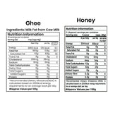 Golden Organic Cow Ghee in a glass jar beside a jar of amber Wild Forest Honey, showcasing pure, natural goodness.