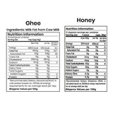 Pure Organic A2 Badri Cow Ghee in a glass jar alongside a jar of golden 100% Natural Van Tulsi Raw Honey, showcasing natural wellness.