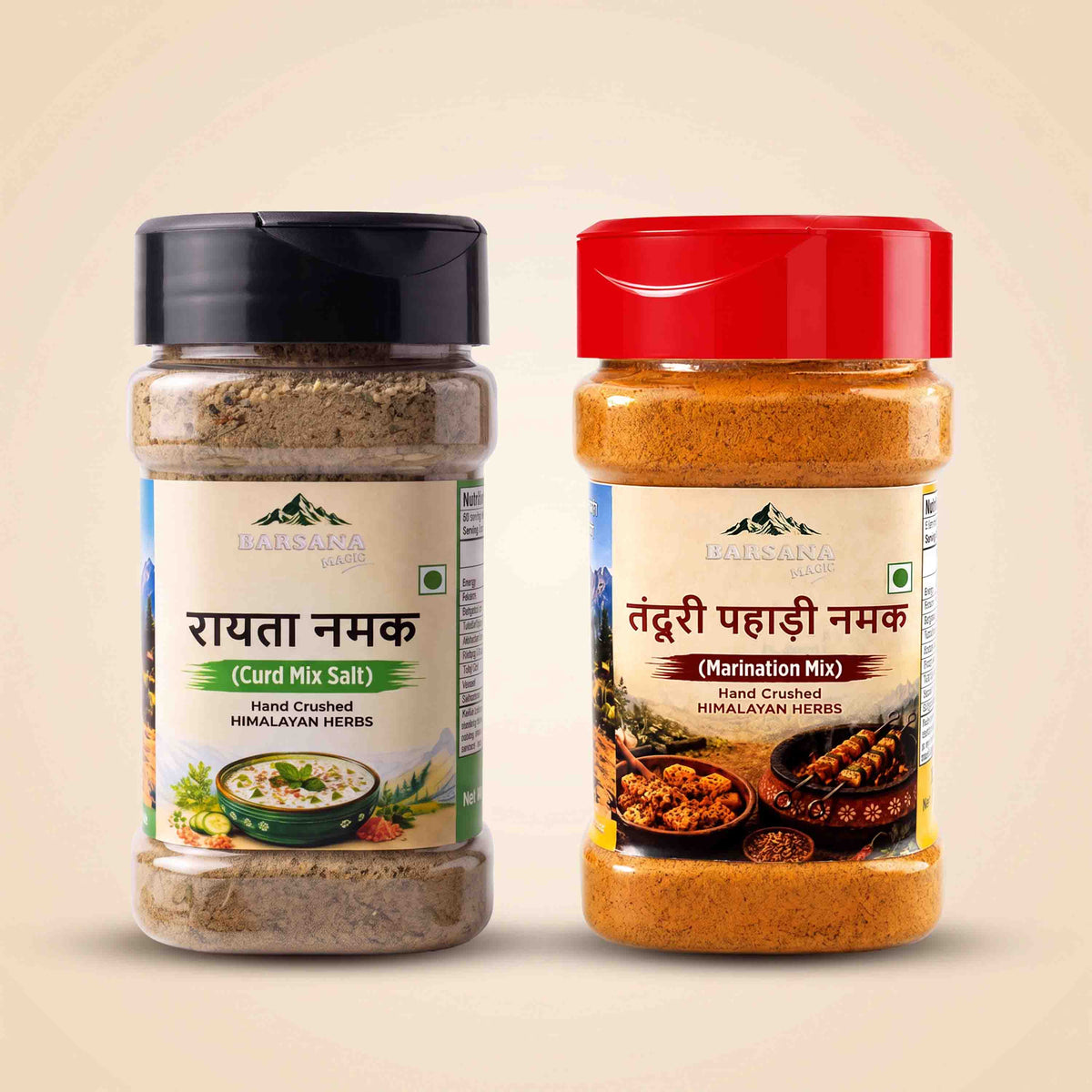 Barsana Magic and Two jars of Baisakhand Hand Crushed Himalayan Herbs spices on a light beige background. The left jar contains Rayata Namak (curd mix salt) with a black lid and beige label, and the right jar contains Tandoori Pahadi Namak (marination mix) with a red lid and orange-brown label.