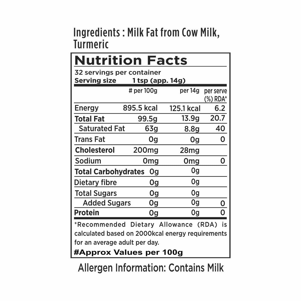Barsana Magic and Nutrition facts label for a product containing milk fat from cow milk and turmeric.