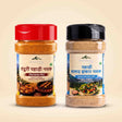 Barsana Magic and Two jars of Darshana brand Himalayan spices on a light beige background. The left jar has a red lid and contains Marination Mix, while the right jar has a black lid and contains Salad Sprinkle Salt.