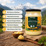 Barsana Magic and A jar of Barsana Organic Buffalo Ghee displayed on a rustic wooden surface with bowls of the ghee and a spoon, set against a scenic mountain backdrop with promotional text overlays on the left.