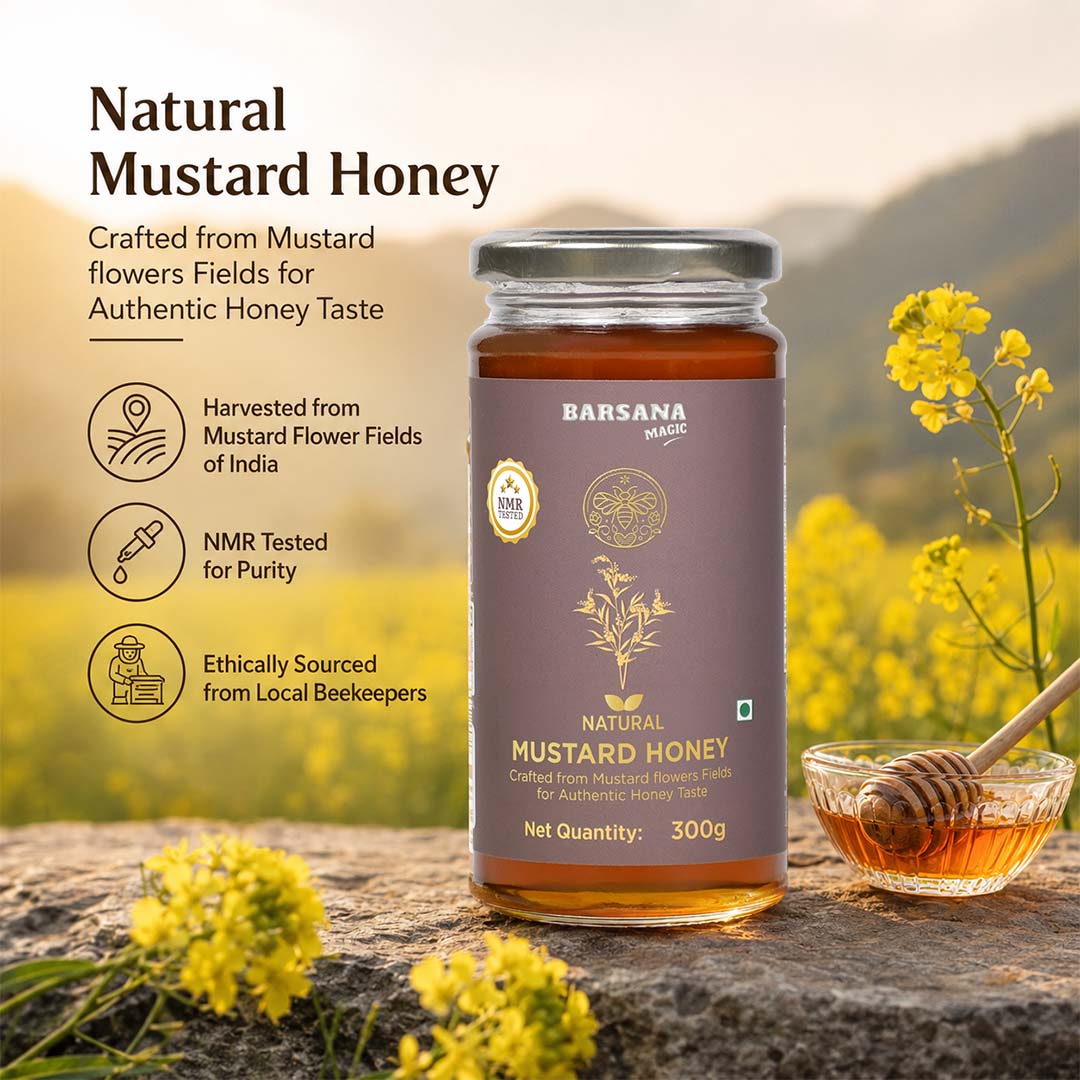 Barsana Magic and A jar of Barsana Natural Mustard Honey is displayed on a stone surface with a glass bowl of honey and a wooden dipper, set against a blurred background of yellow mustard flowers and hills. Text on the left highlights product features.