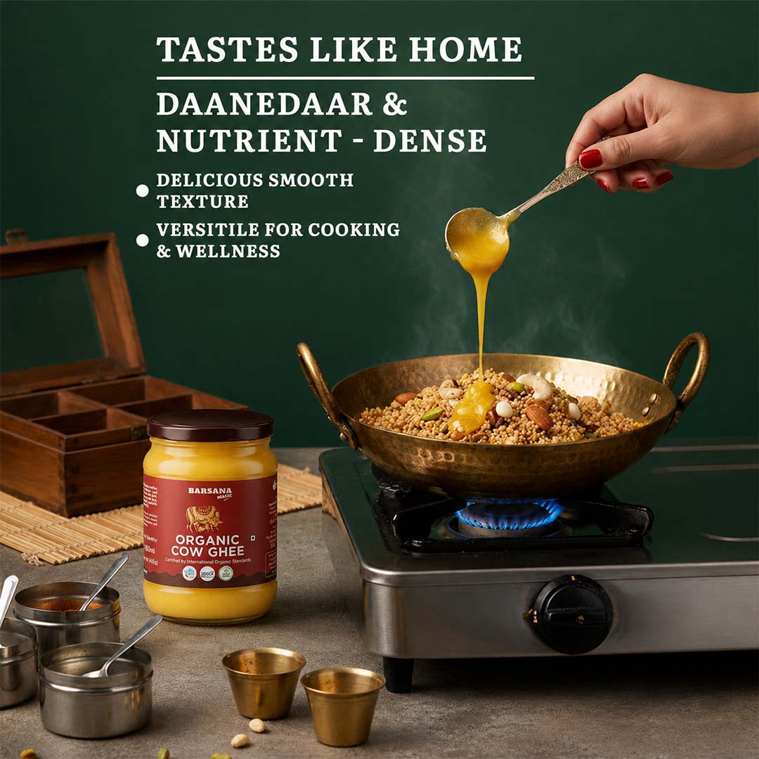 Barsana Magic and A jar of Baradai Organic Cow Ghee is displayed next to a brass kadhai on a gas stove, with a hand pouring golden cow ghee into the pan. The scene is set against a dark green chalkboard-style background with promotional text.