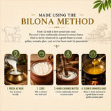 Barsana Magic and An informational graphic titled 'MADE USING THE BILONA METHOD' explains the traditional butter-making process. It includes descriptive text about fresh A2 milk, curd, hand-churned butter, and slowly simmered ghee, with four small photos showing each step and a cow illustration on a beige background.