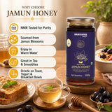 Barsana Magic and A jar of Barsana Natural Jamun Honey displayed on a wooden table with tea, toast, and fruit, alongside marketing text highlighting NMR testing, jamun blossom sourcing, and usage suggestions.
