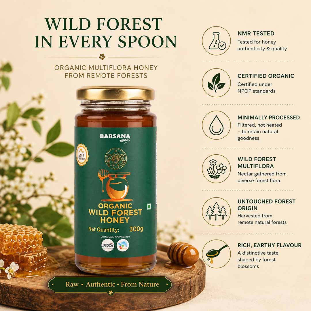 Barsana Magic and A jar of Barsana Organic Wild Forest Honey is displayed on a wooden slice with honeycomb and a wooden spoon, set against a warm beige background with text highlighting product benefits and certifications.