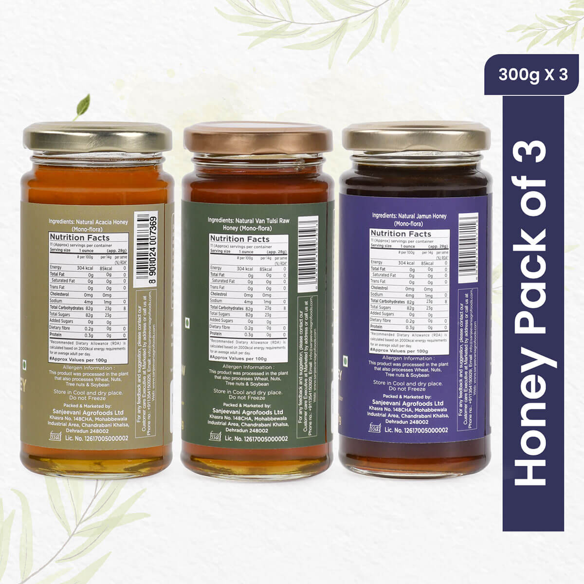Trio of 100% natural honeys—Van Tulsi, Jamun, and Acacia—in glass jars, showcasing golden hues and pure, raw sweetness.