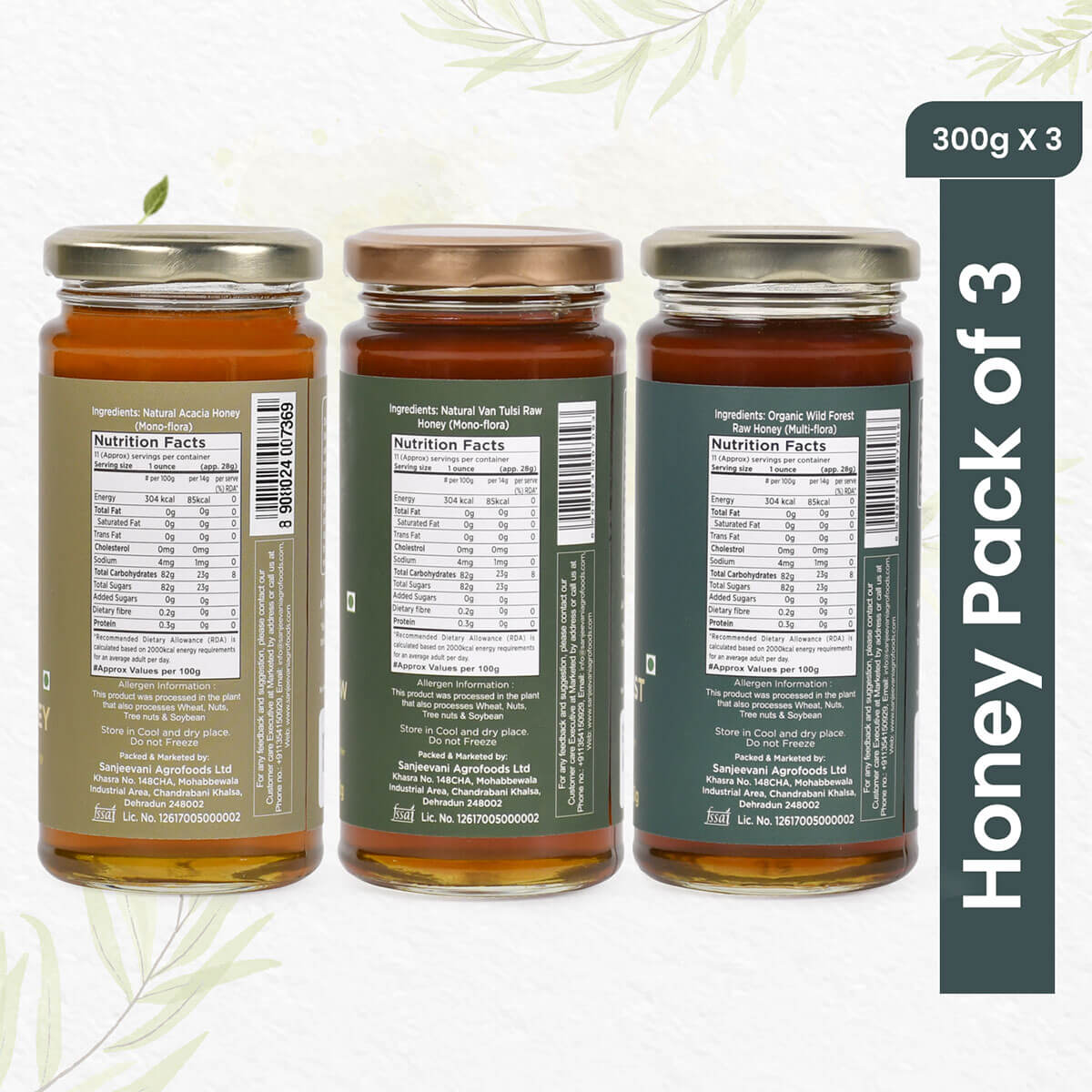 Three jars of natural honey, including bold Wild Forest, aromatic Van Tulsi, and smooth Acacia, in a vibrant pack of 3.