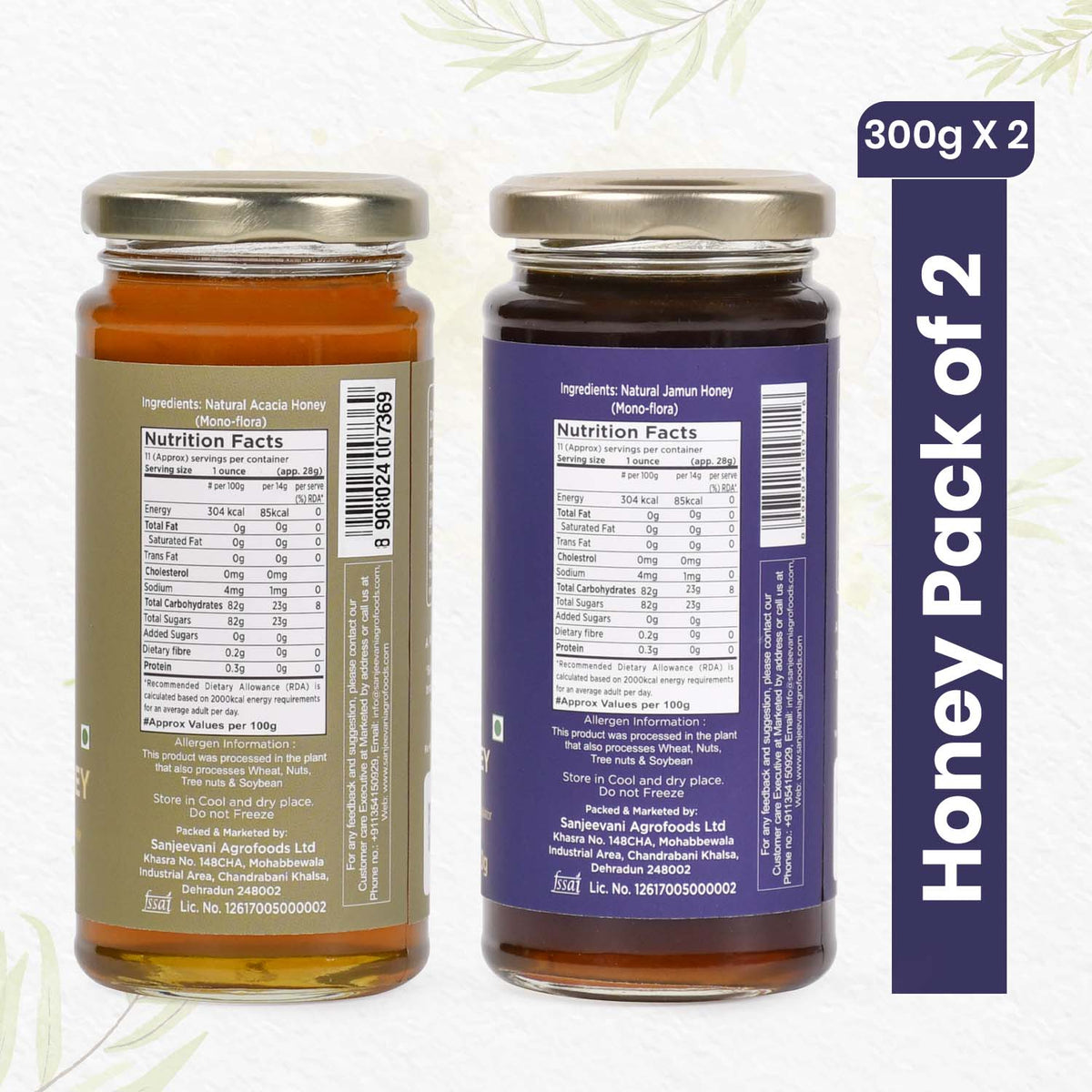 Two jars of Sanjeevani Organics’ 100% Natural Acacia and Jamun Honey, showcasing golden and rich amber hues of pure, raw sweetness.