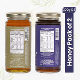 Two jars of Sanjeevani Organics’ 100% Natural Acacia and Jamun Honey, showcasing golden and rich amber hues of pure, raw sweetness.