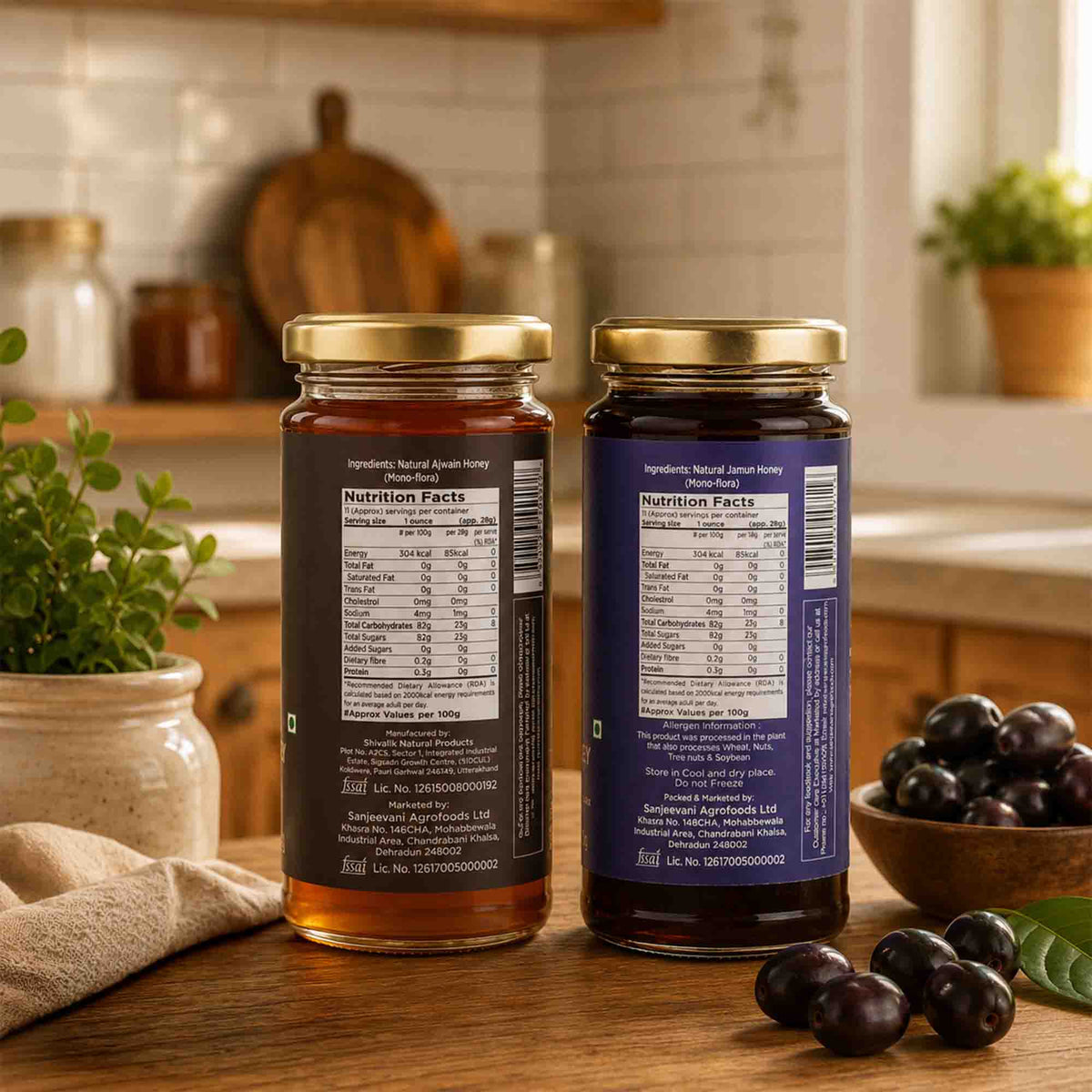 Barsana Magic and Two jars of honey with labels on a kitchen counter