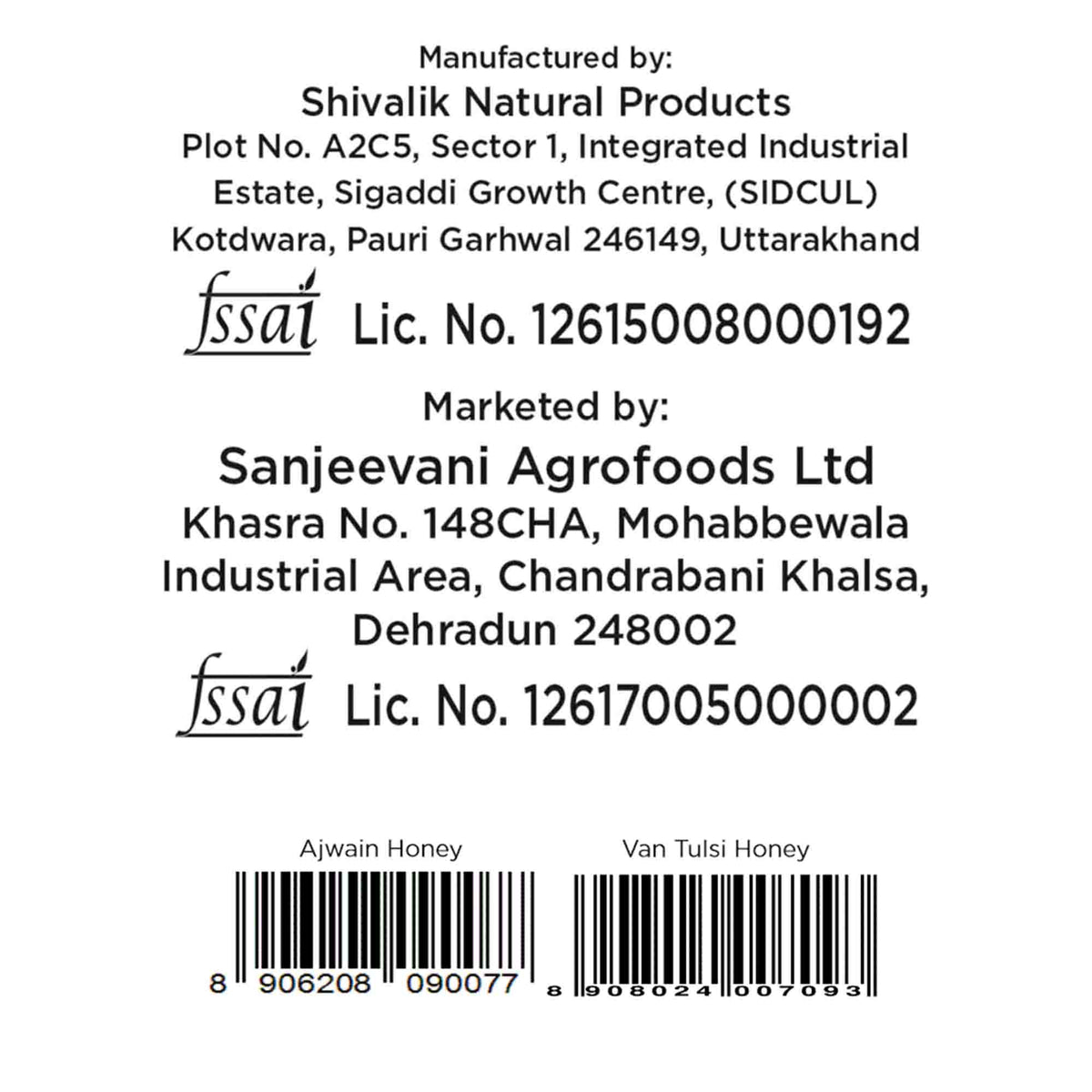 Barsana Magic and Back label of a product with Shivalik Natural Products and Sanjeevani Agrofoods Ltd information, ISSAI certification, and honey types listed.