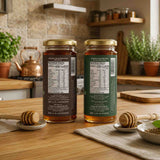 Barsana Magic and Two jars of honey with labels on a kitchen counter.