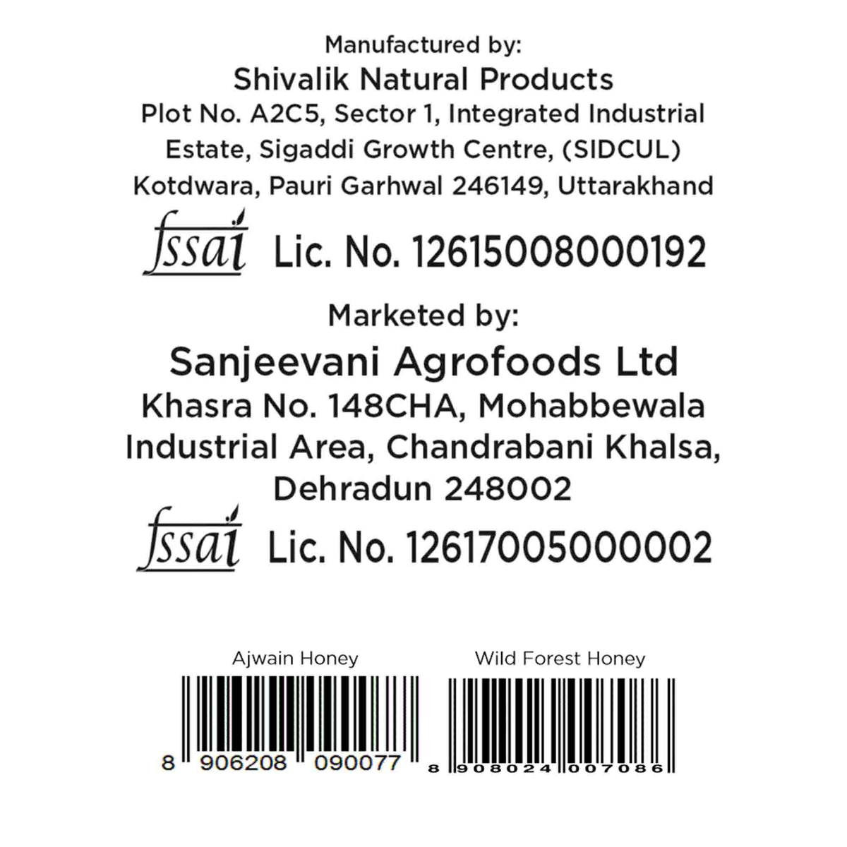 Barsana Magic and Back label of a honey product with Shivalik Natural Products and Sanjeevani Agrofoods Ltd details.