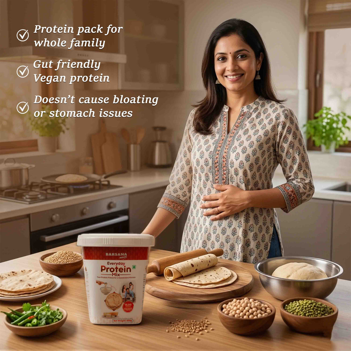 Barsana Magic and Woman in a kitchen with protein pack and ingredients, promoting vegan protein benefits.