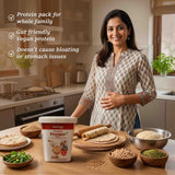 Barsana Magic and Woman in a kitchen with protein pack and ingredients, promoting vegan protein benefits.