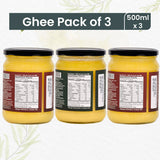Pure Organic A2 Badri and Bilona Cow Ghee combo pack of 3, showcasing golden, rich ghee in glass jars for healthy cooking.