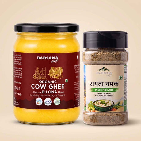 Barsana Magic and A jar of Barsana Magic Organic Cow Ghee and a jar of Barsana Magic Raw Crushed Himalayan Horses Curd Mix Salt, displayed side-by-side on a light beige background.