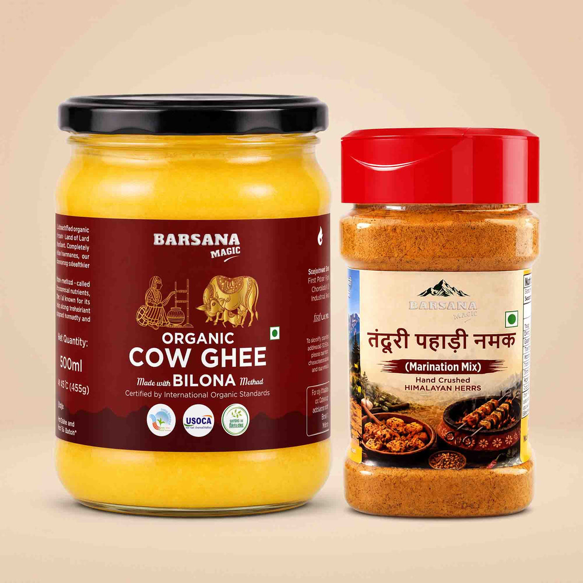 Barsana Magic and A jar of Barsana Magic Organic Cow Ghee next to a plastic bottle of Barsana Magic Taddri Pahadi Namak (marination mix) on a solid beige background.