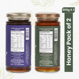 Two jars of Sanjeevani Organics' natural Jamun Honey and Van Tulsi Raw Honey, showcasing pure, golden sweetness from nature.