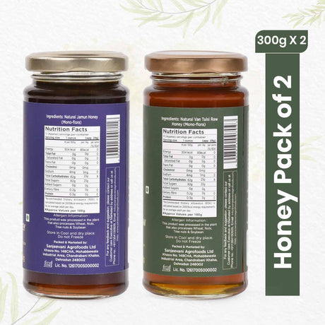 Two jars of Sanjeevani Organics' natural Jamun Honey and Van Tulsi Raw Honey, showcasing pure, golden sweetness from nature.