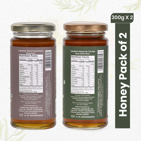 Pure Van Tulsi Raw Honey and Mustard Honey combo pack in glass jars, showcasing golden hues and natural sweetness.